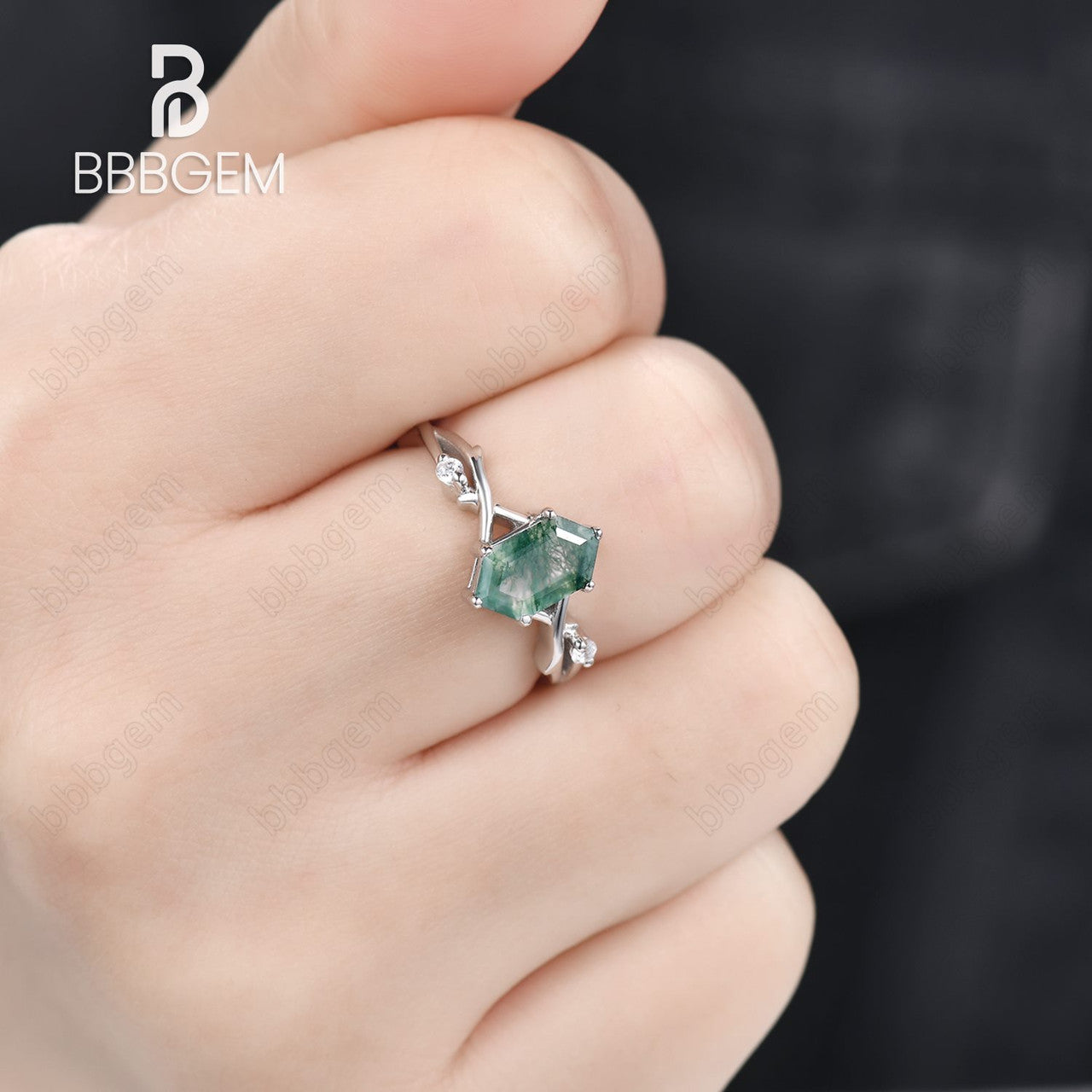 long hexagon moss agate vine ring set-twig vine elongated moss agate wedding ring set white gold-bbbgem