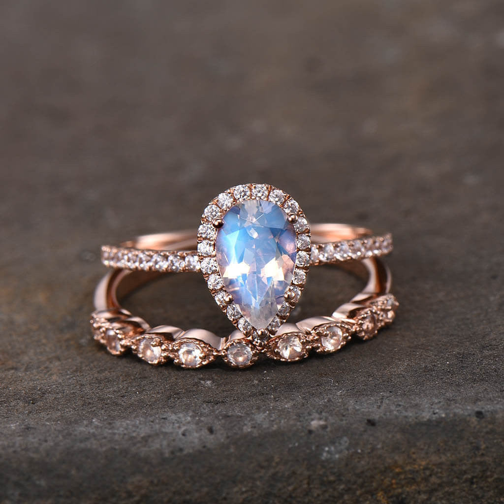 blue moonstone ring-BBBGEM Pear Shaped Moonstone Engagement Ring