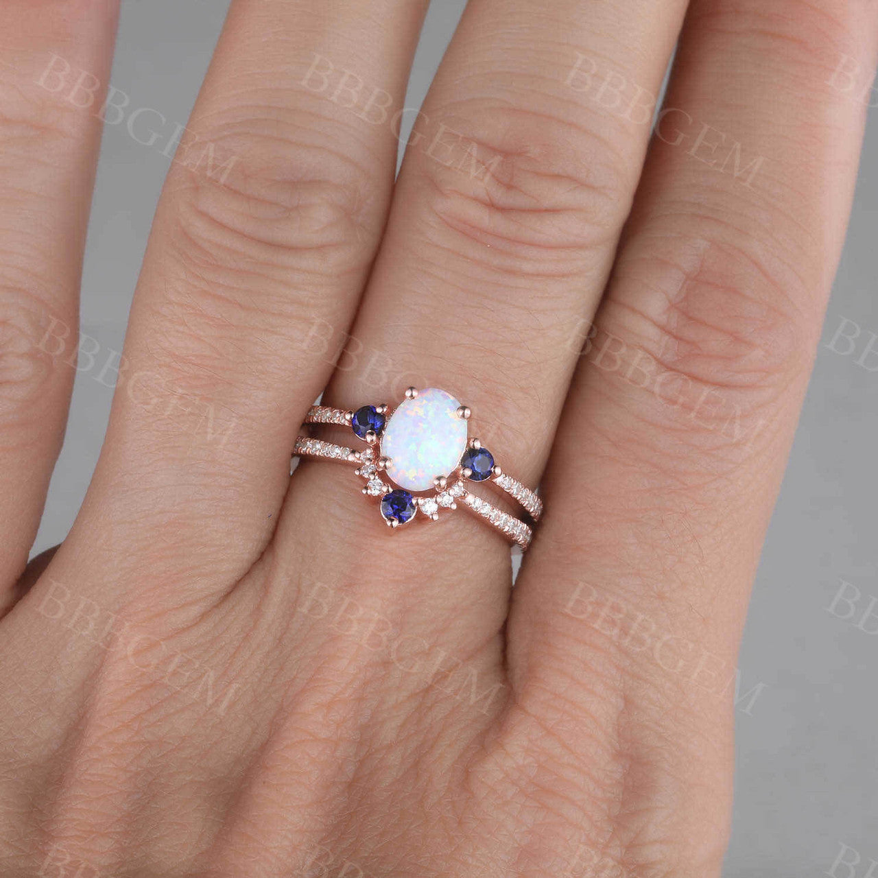 Sapphire Opal Bridal Set Antique Diamond Wedding Matching Band