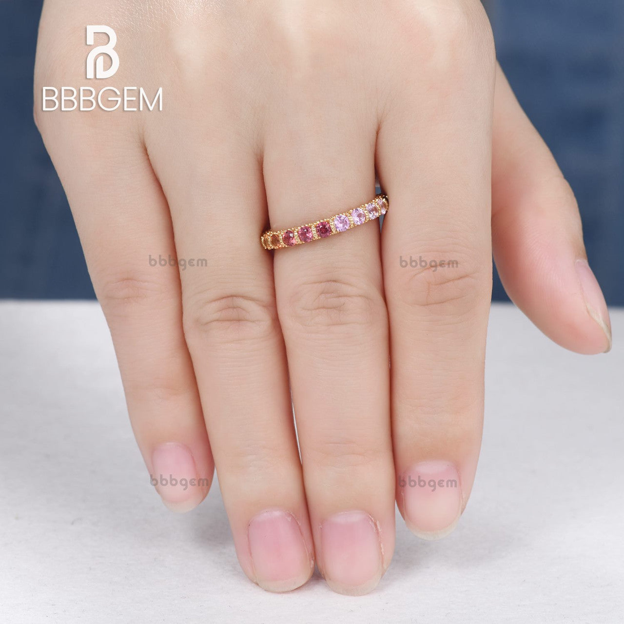 Gradient Eternity Ring-2mm Rainbow Ring,Tsavorite,Blue Sapphire,Yellow Sapphire,Orange Sapphire,Pink Sapphire,14k Gold Pave Minimalist Gift