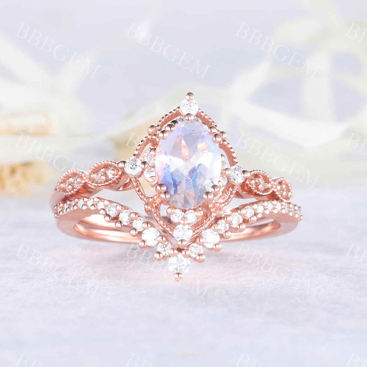 moonstone wedding set-BBBGEM 0.7 Carat rainbow moonstone ring set