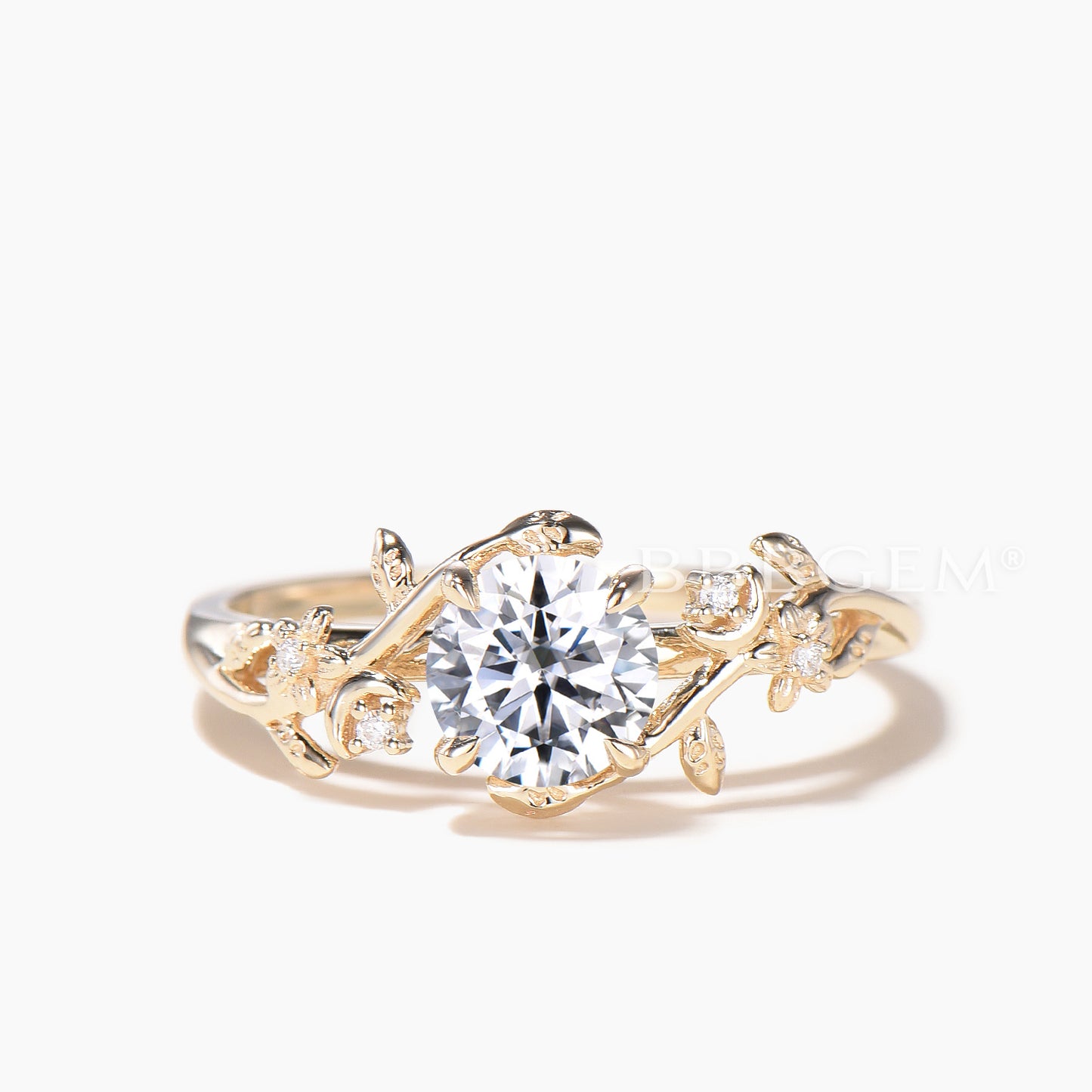 Round Cut IGI Certificate Lab Grown Diamond Twig Leaf Nature Inspired Ring Set