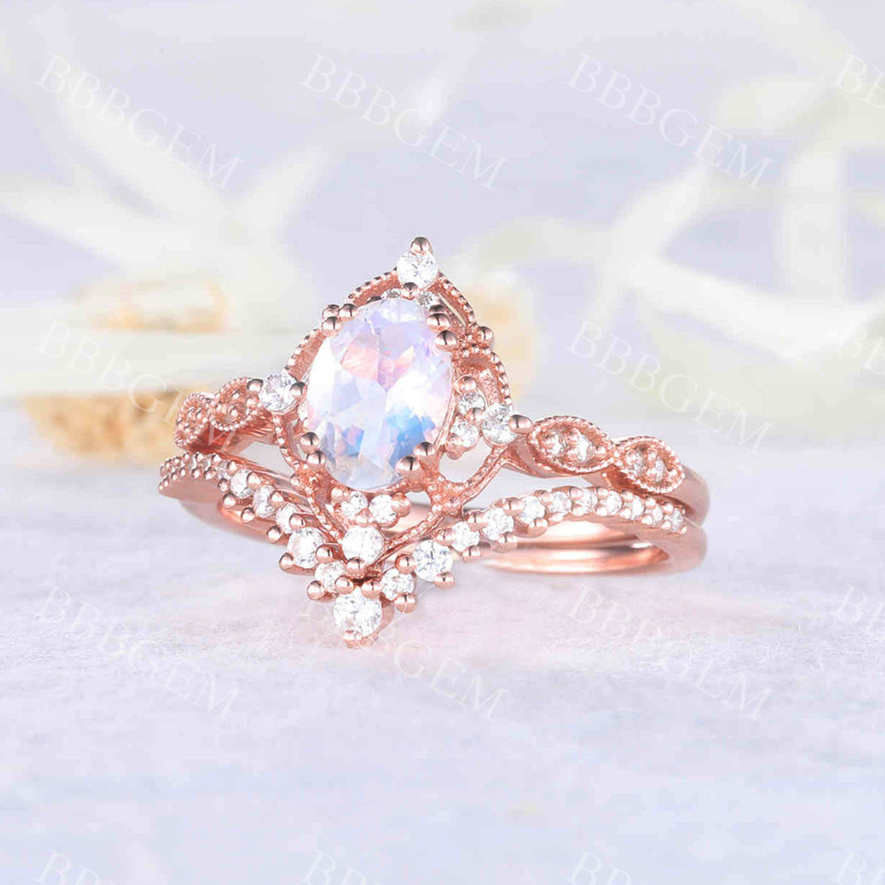 Unique Moonstone Engagement Ring Set-BBBGEM 0.7 Carat rainbow moonstone ring set