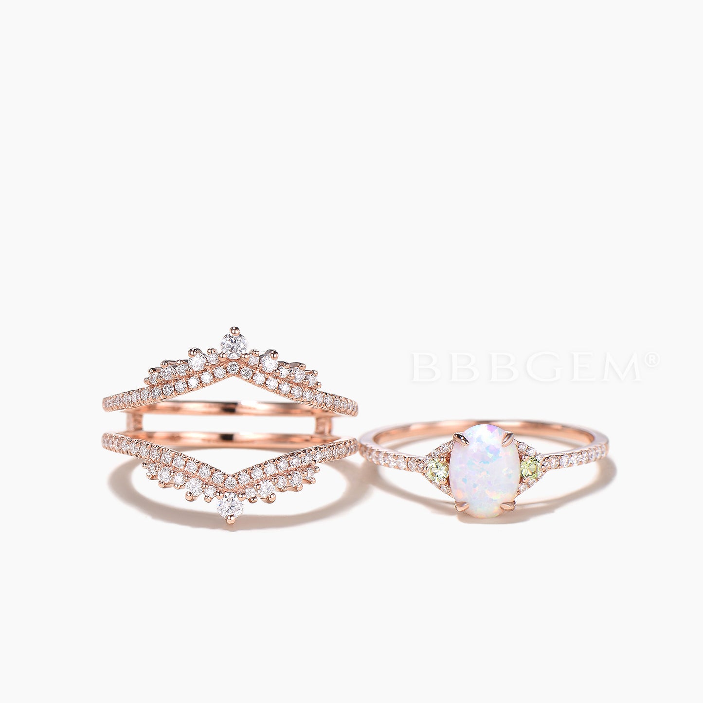 Oval Cut White Opal Cluster Bridal Ring Set Moissanite Enhancer Wedding Band