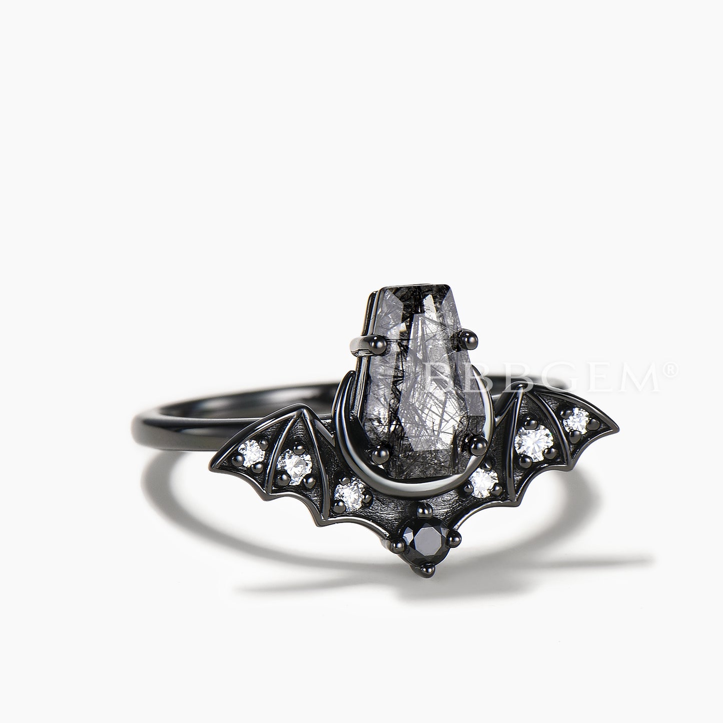 Retro Coffin Cut Natural Black Rutilated Quartz Gothic Bat Wedding Ring