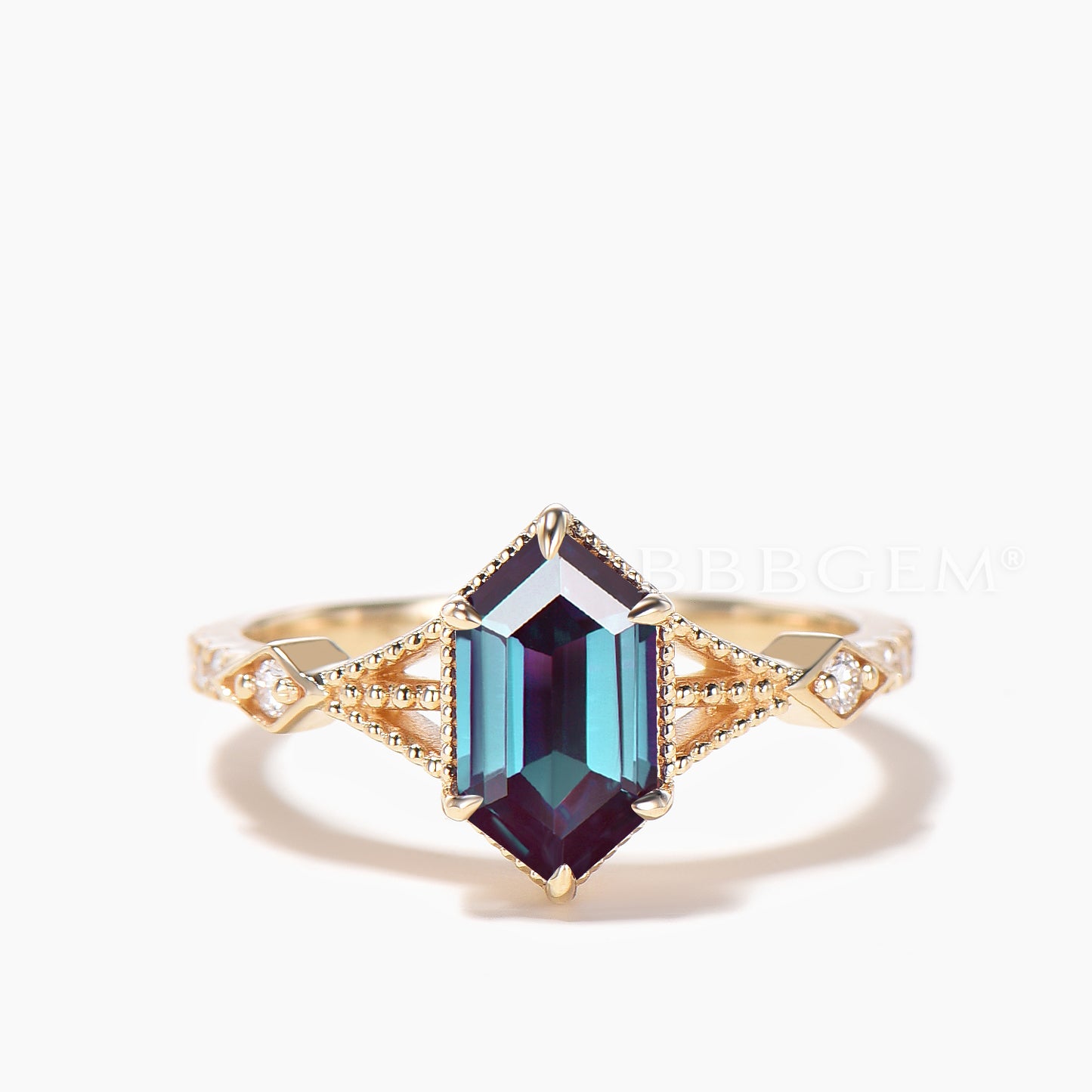 Hexagon Cut Color-change Alexandrite Bridal Ring Set Diamond Curved Band