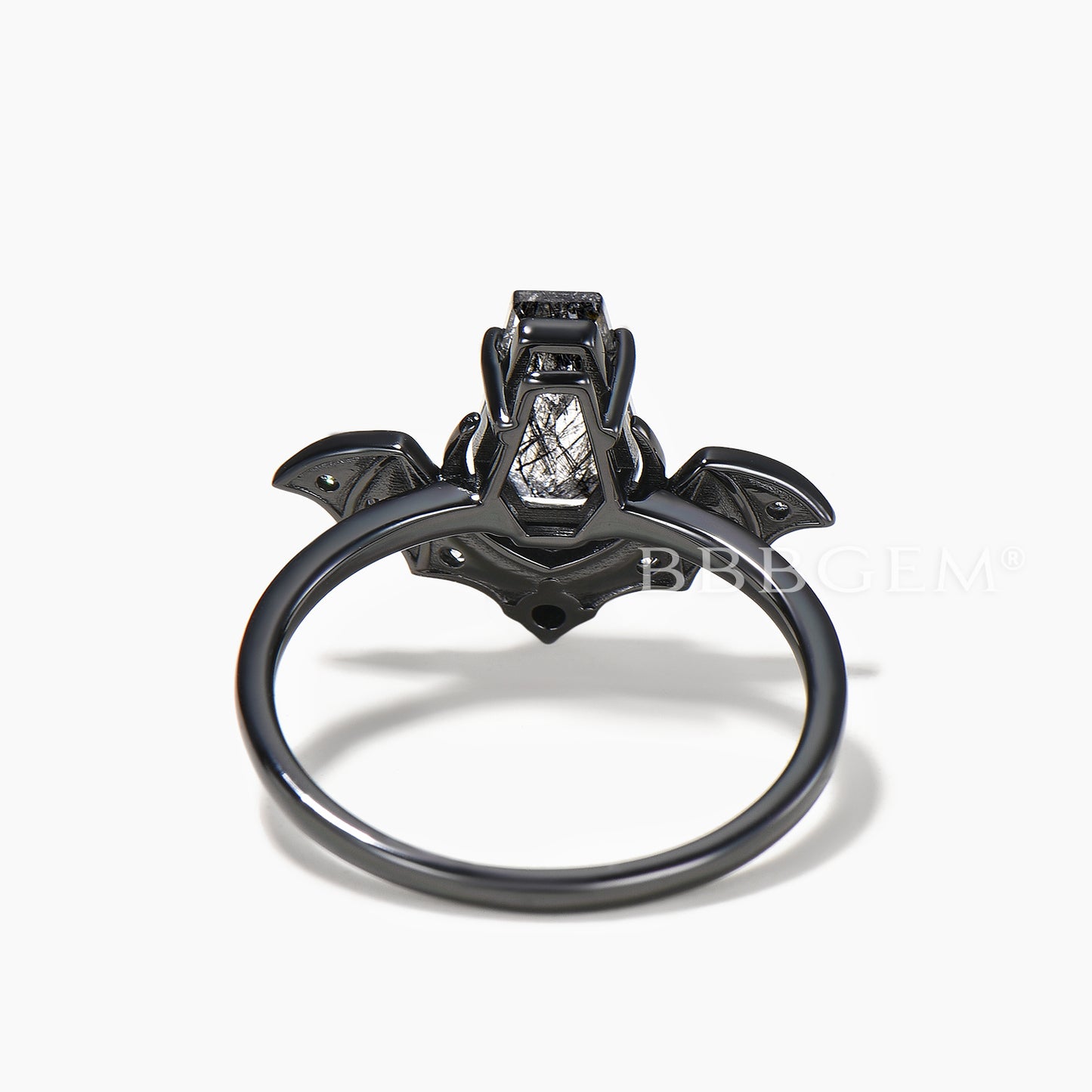 Retro Coffin Cut Natural Black Rutilated Quartz Gothic Bat Wedding Ring