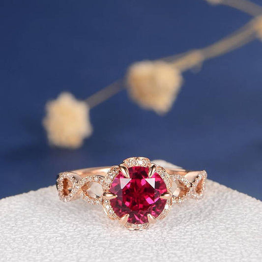 Antique Rose Gold Engagement Ring Lab Ruby Wedding Bridal Infinity Diamond Flower Art Deco Birthstone Unique Women Anniversary Promise Gift