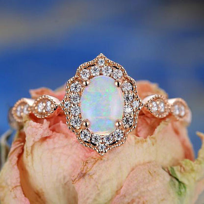 Rose Gold Oval Opal Engagement Ring Vintage -BBBGEM Oval Opal Ring