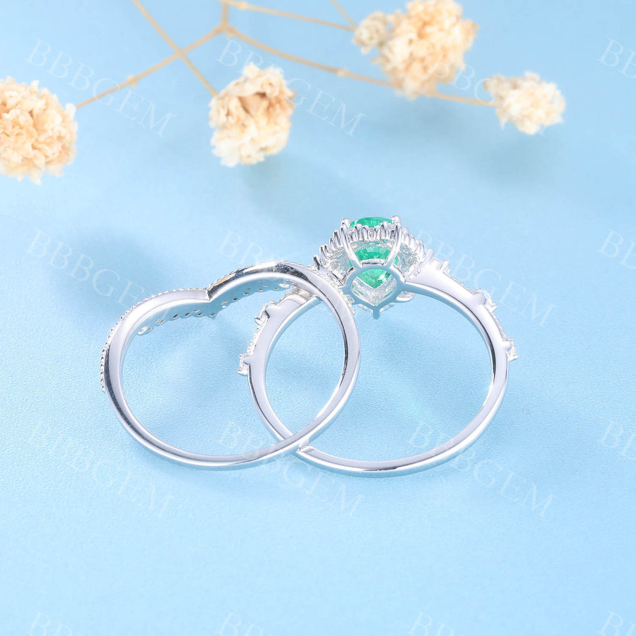 Pear Emerald Ring Set Green Emerald Gemstone Anniversary Ring CZ Chervon Band