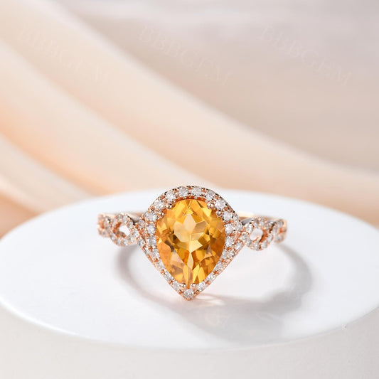 Yellow Citrine engagement ring-Solid 14k White gold-handmade diamond ring-Halo Pear cut citrine ring -6x9mm birthstone promise ring for her