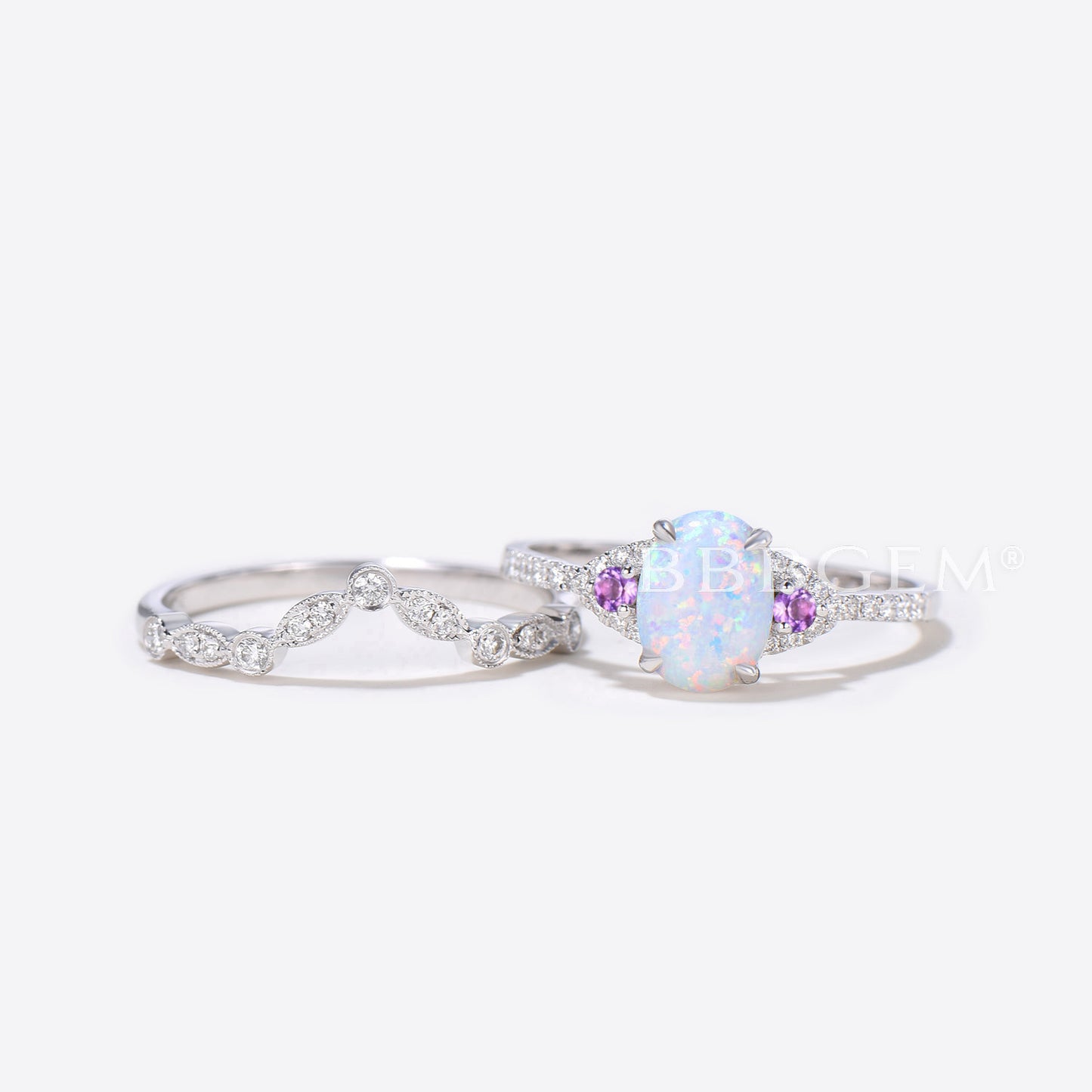 Oval Opal Diamond Engagement Ring Rose Gold Art Deco Amethyst Ring