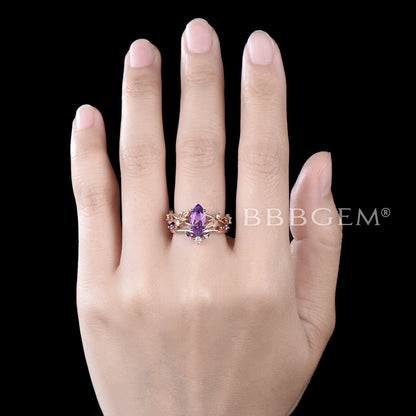 Nature Inspired Marquise Amethyst Engagement Ring Leaf Vine Ring