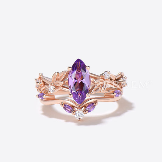 Nature Inspired Marquise Amethyst Engagement Ring Leaf Vine Ring