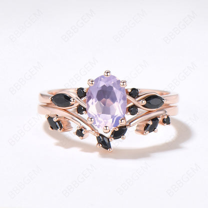 Oval Natural Light Purple Lavender Amethyst Engagement Ring Set