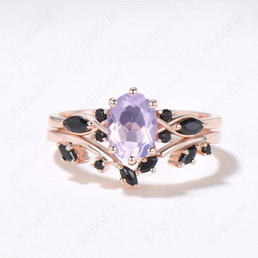 Oval Natural Light Purple Lavender Amethyst Engagement Ring Set