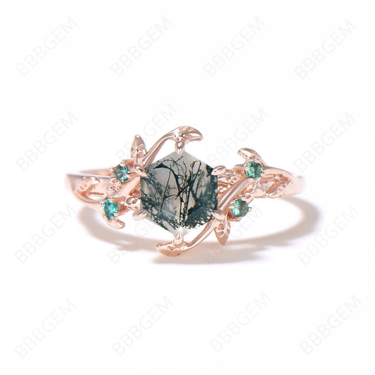 Enchanted Twigs Moss Agate Ring Hexagon Cut Natural Green Moss Engagement Ring Rose Gold Branch Leaf Green Emerald Ring