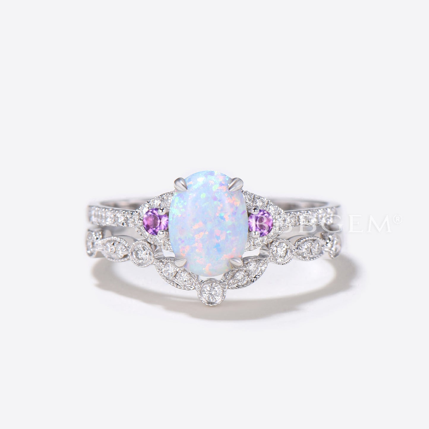 Oval Opal Diamond Engagement Ring Rose Gold Art Deco Amethyst Ring