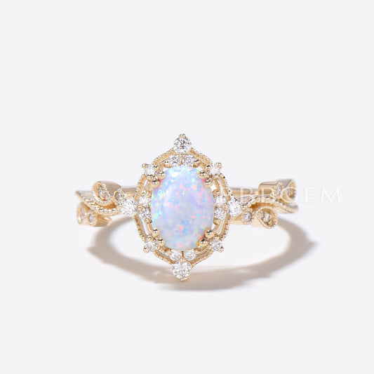 White Opal Ring 14k Yellow Gold Opal Engagement Ring Diamond Wedding Band Filigree Milgrain Bridal Jewelry