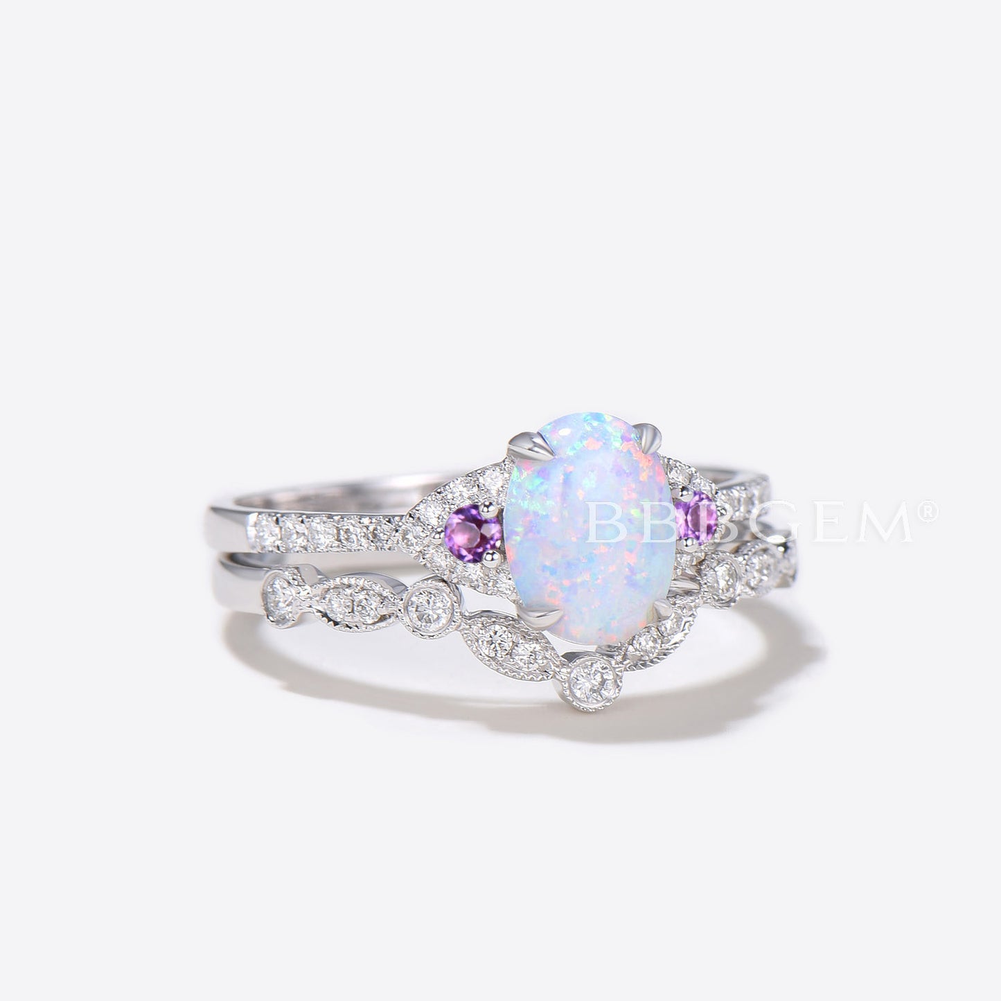 Oval Opal Diamond Engagement Ring Rose Gold Art Deco Amethyst Ring