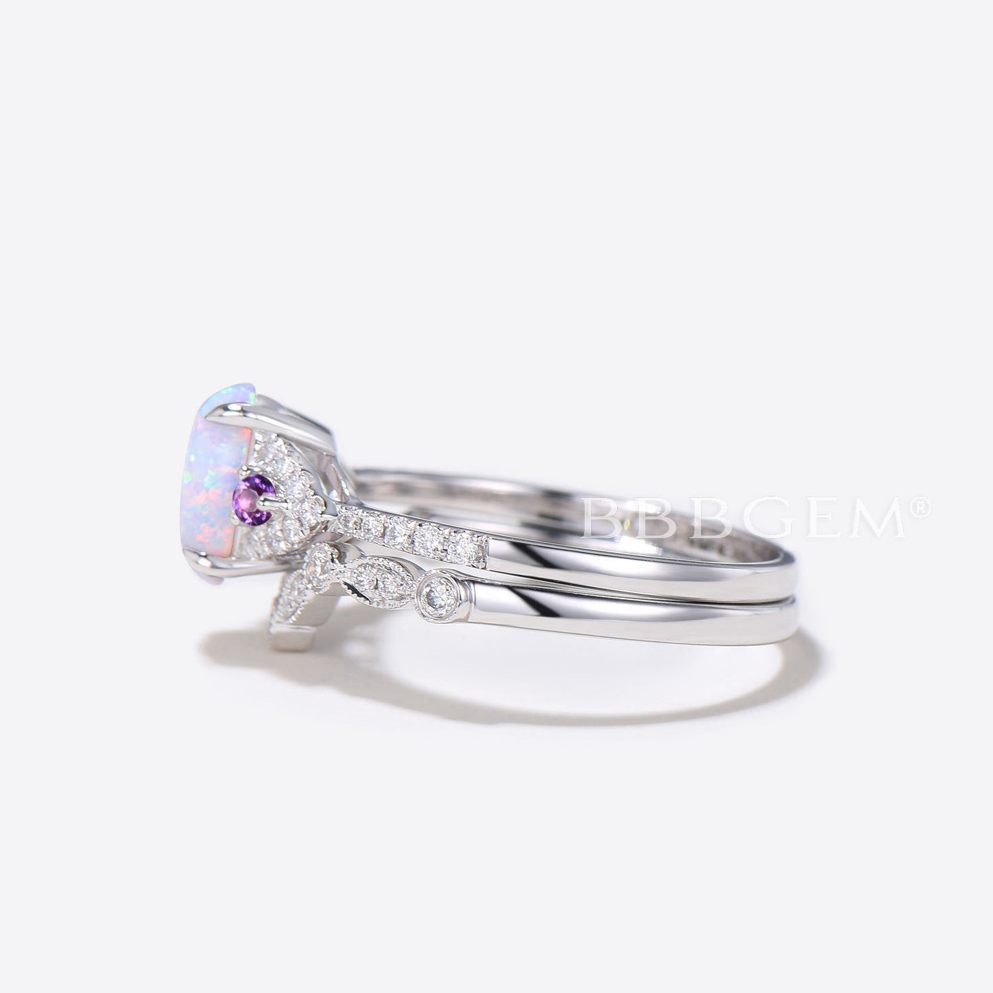 Oval Opal Diamond Engagement Ring Rose Gold Art Deco Amethyst Ring