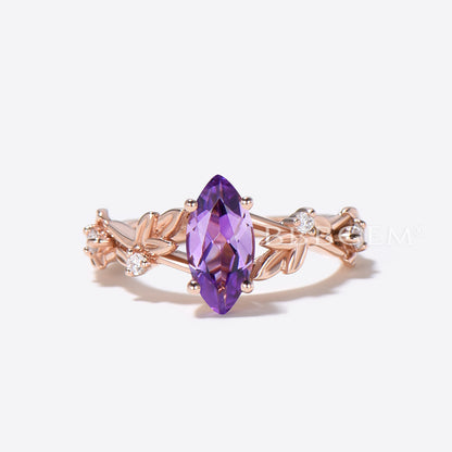 Nature Inspired Marquise Amethyst Engagement Ring Leaf Vine Ring