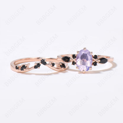 Oval Natural Light Purple Lavender Amethyst Engagement Ring Set