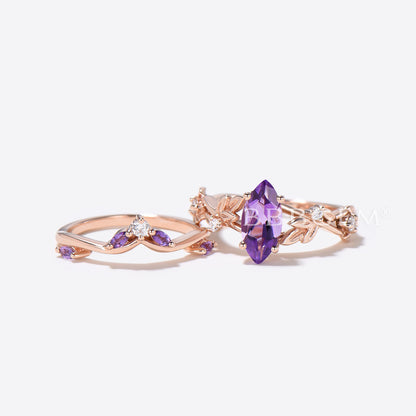 Nature Inspired Marquise Amethyst Engagement Ring Leaf Vine Ring