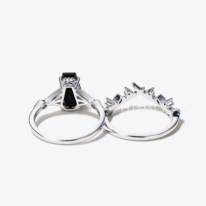 Coffin Cut Black Onyx Engagement Ring Set With Moissanite Leaf Curve Band Rose Gold Ring