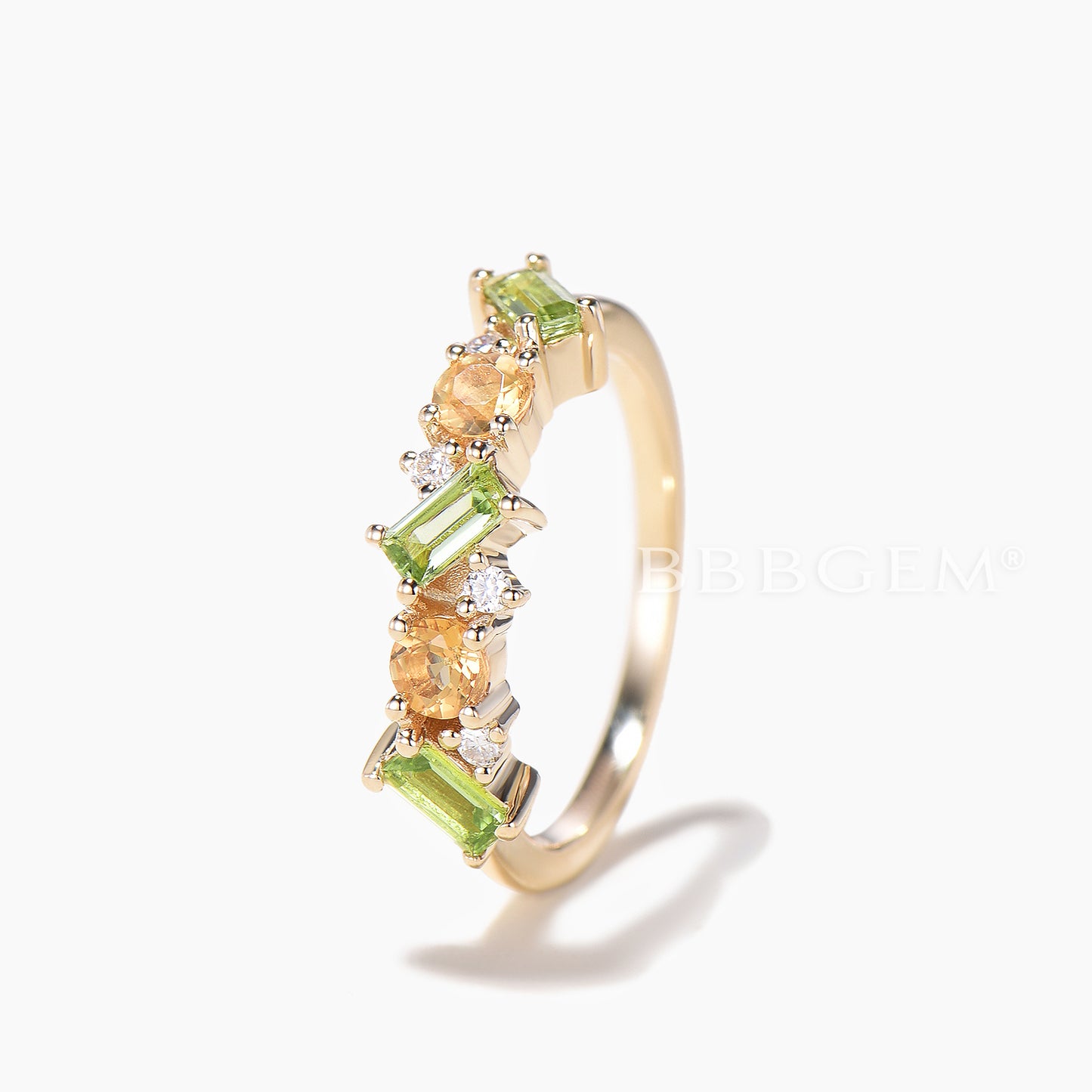 Round Natural Citrine Baguette Peridot Wedding Ring Moissanite Stacking Band