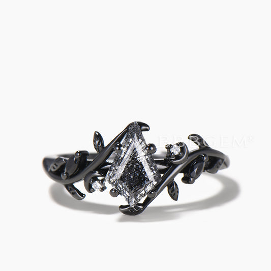 Kite Cut Natural Black Rutilated Quartz Engagement Ring Spinel Black Gold Ring