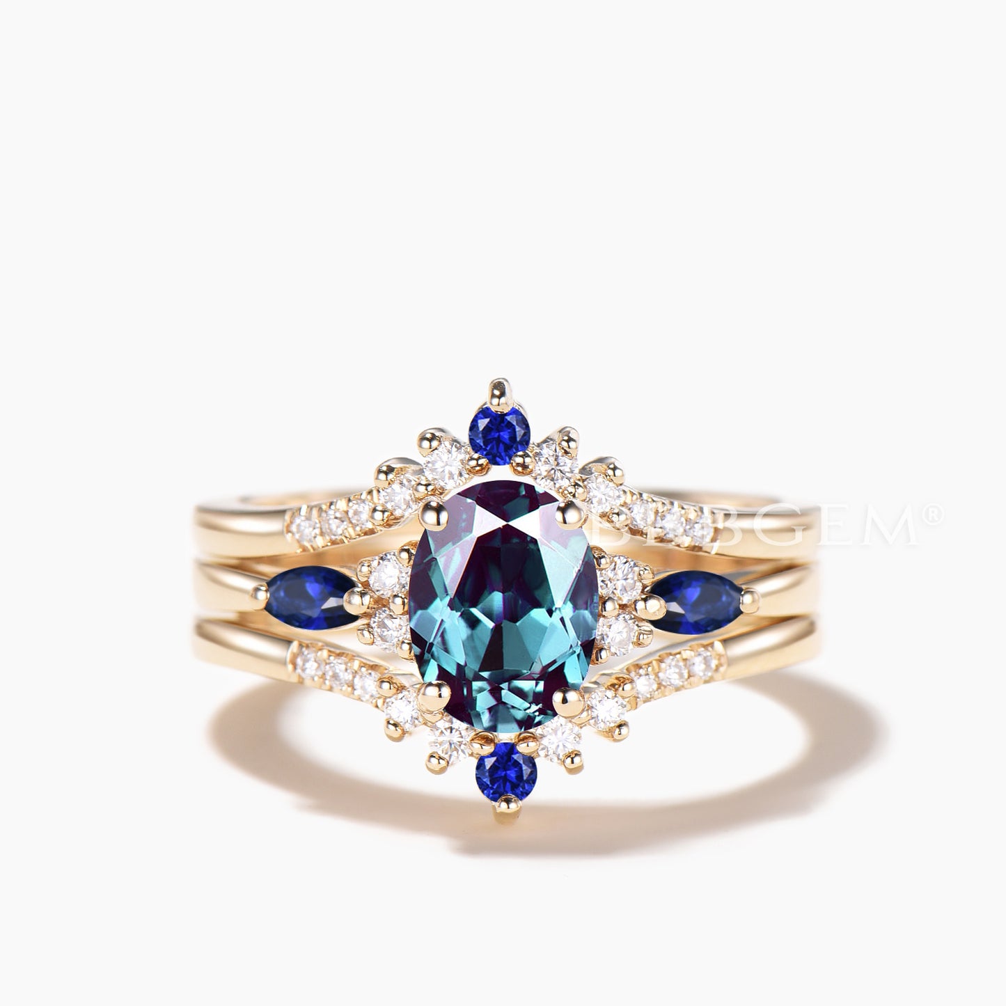 3pc Bridal Set 1.5CT Oval Cut Color-change Alexandrite Ring Diamond Curved Band