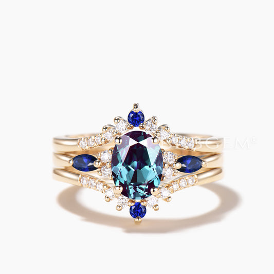 3pc Bridal Set 1.5CT Oval Cut Color-change Alexandrite Ring Diamond Curved Band