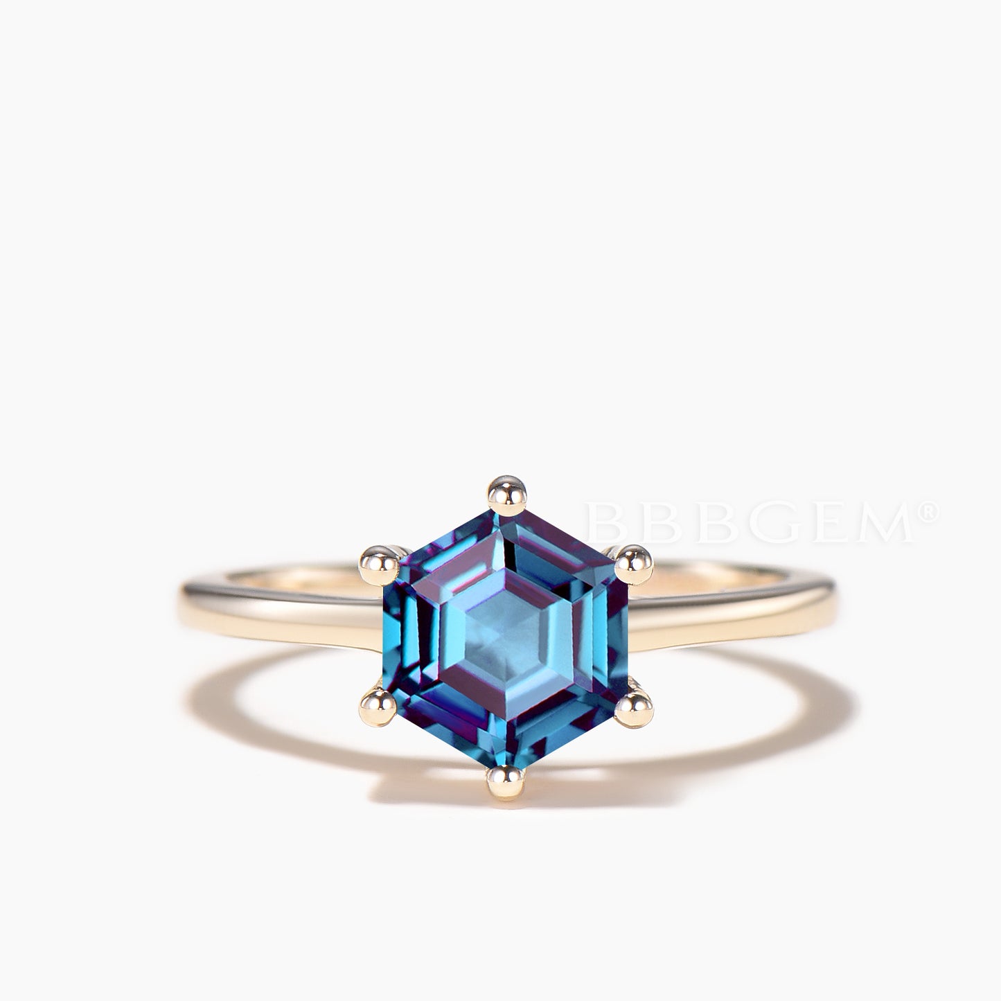 Hexagon Cut Color-change Alexandrite Rose Gold Solitaire Engagement Ring