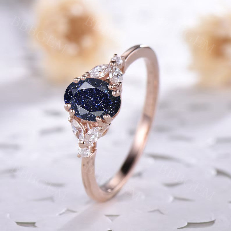 Blue Sandstone Moissanite Engagement Ring-BBBGEM Oval Cut Blue Sandstone Wedding Ring