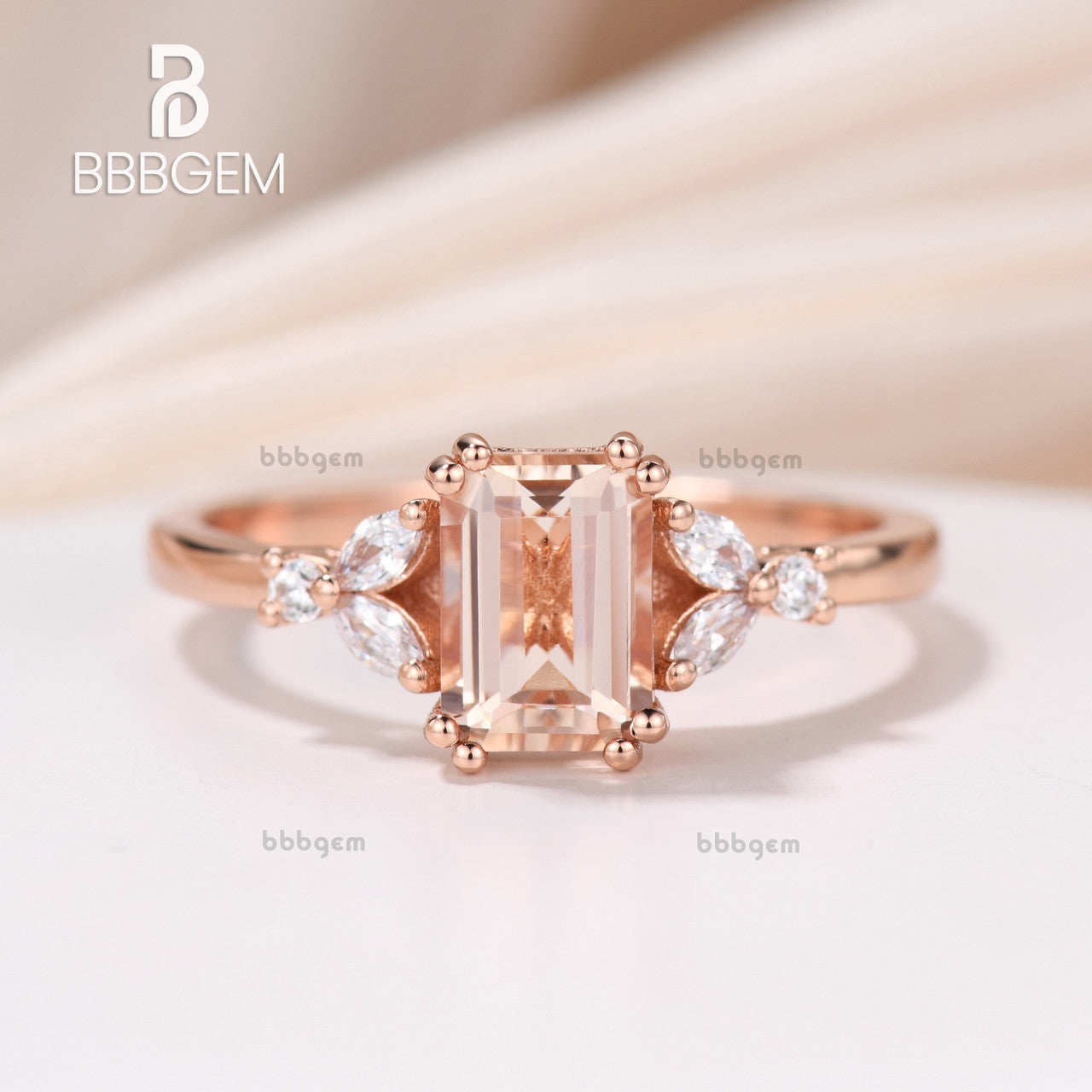 ring enhancer for emerald cut morganite-emerald  cut morganite ring set enhancer band-bbbgem morganite rose gold nested diamond ring band stack