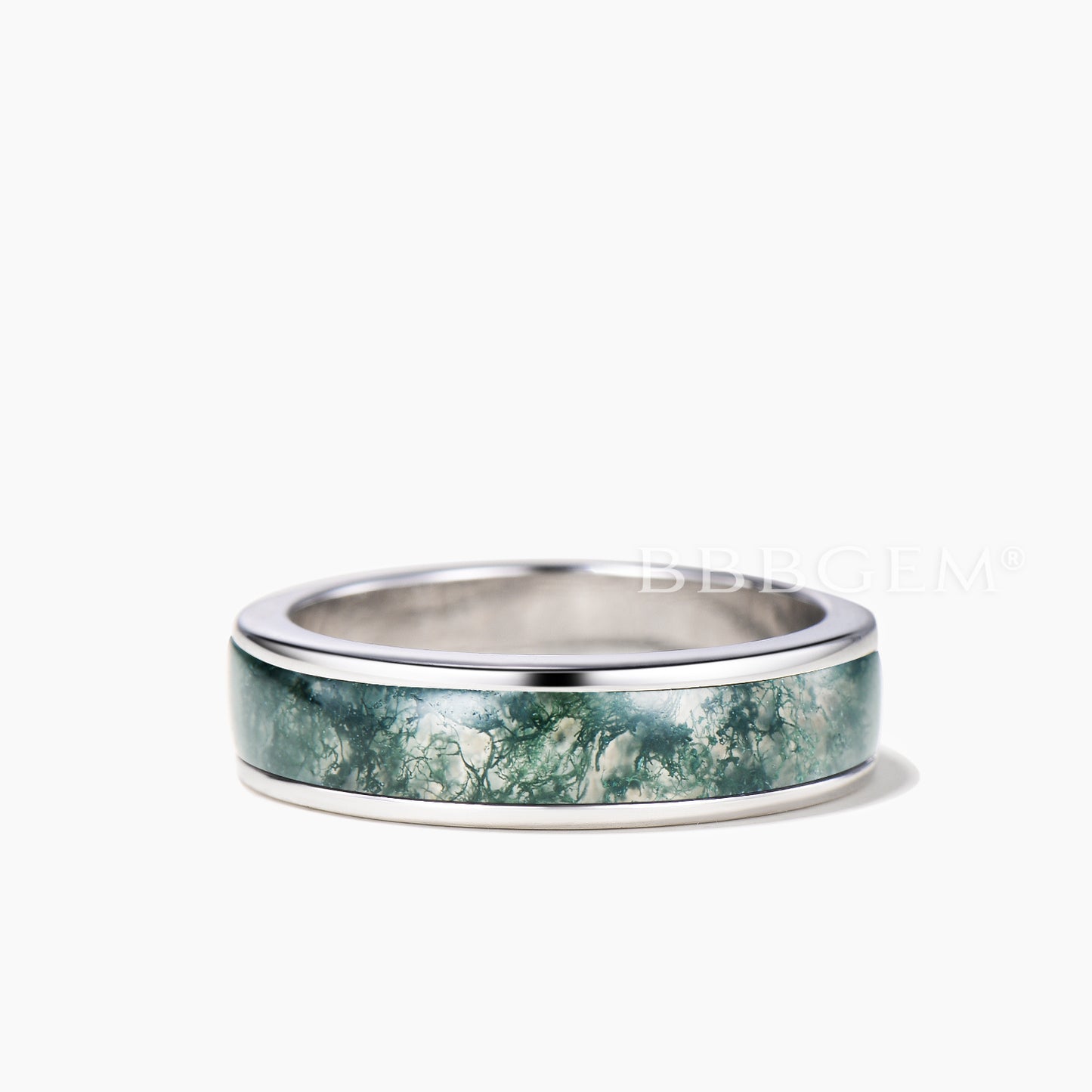 7mm Half Eternity Bezel Mens Wedding Band Natural Moss Agate White Gold Ring