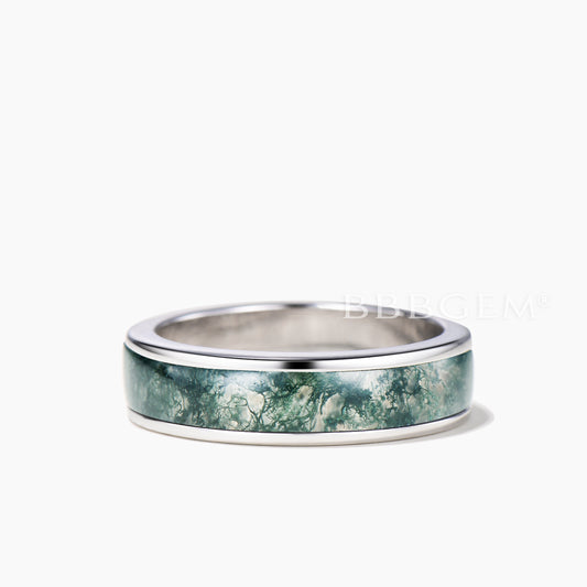 7mm Half Eternity Bezel Mens Wedding Band Natural Moss Agate White Gold Ring