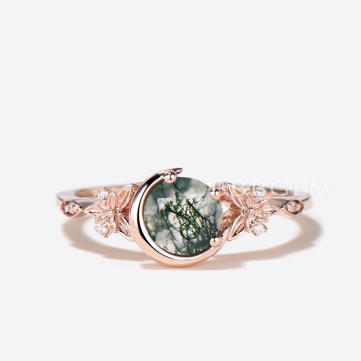 Celestial Moon Round Cut Genuine Moss Agate Diamond Ring