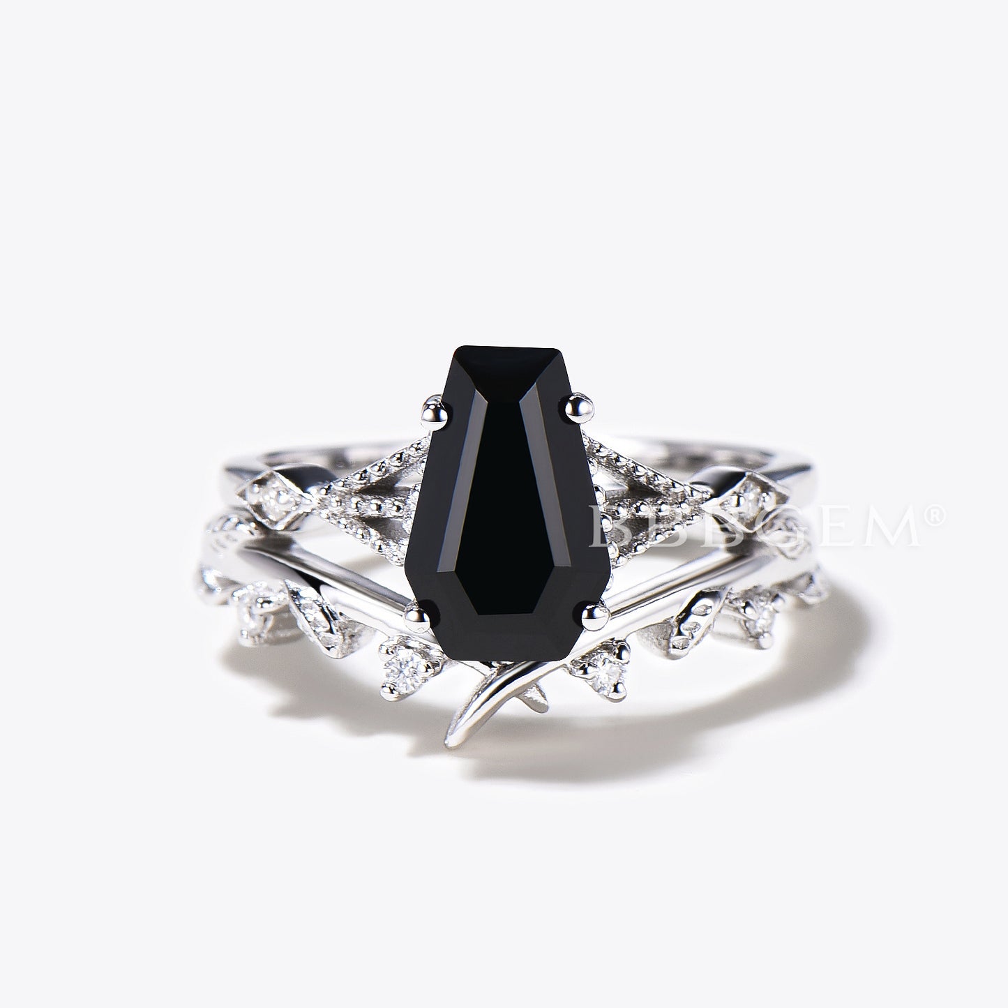 Coffin Cut Black Onyx Engagement Ring Set With Moissanite Leaf Curve Band Rose Gold Ring