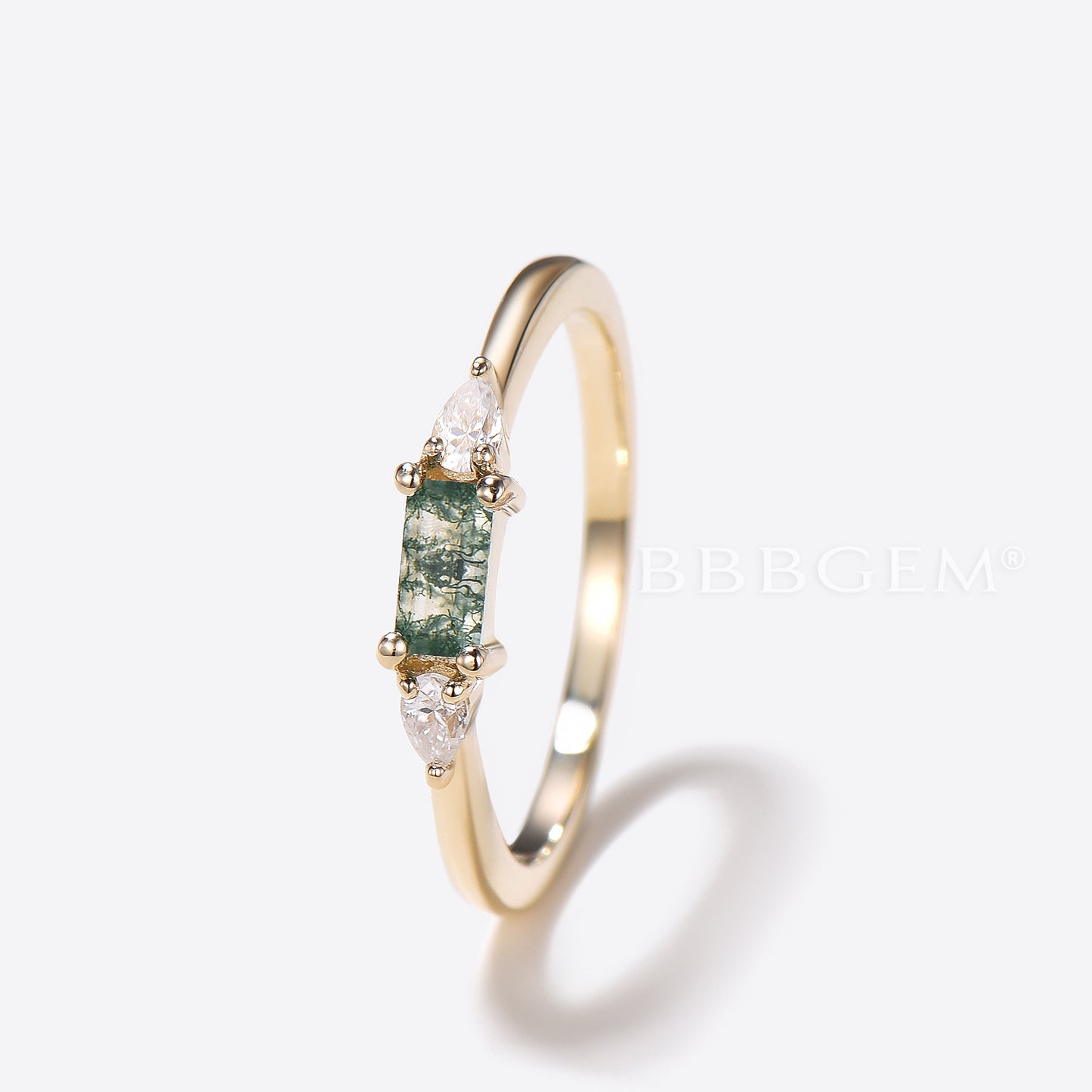 Minimalist Baguette Natural Moss Agate Wedding Band Three Stone Diamond Ring