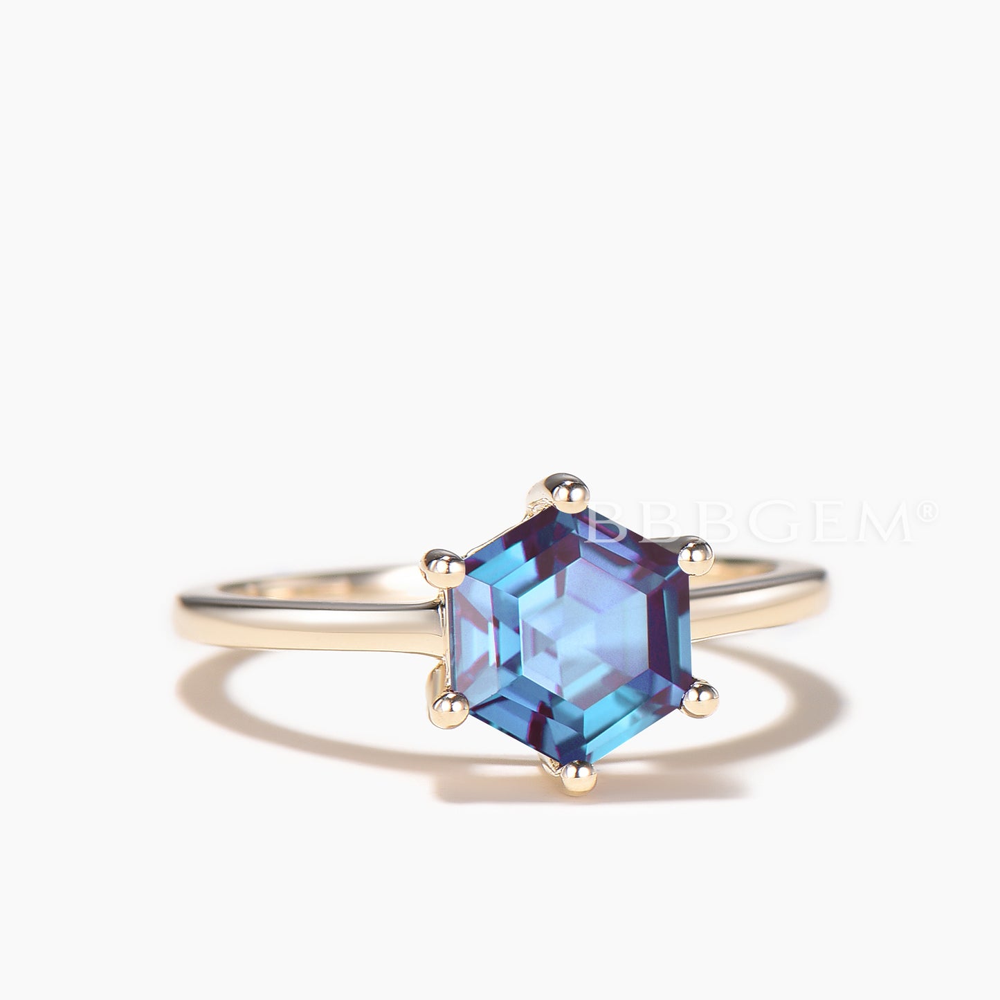 Hexagon Cut Color-change Alexandrite Rose Gold Solitaire Engagement Ring