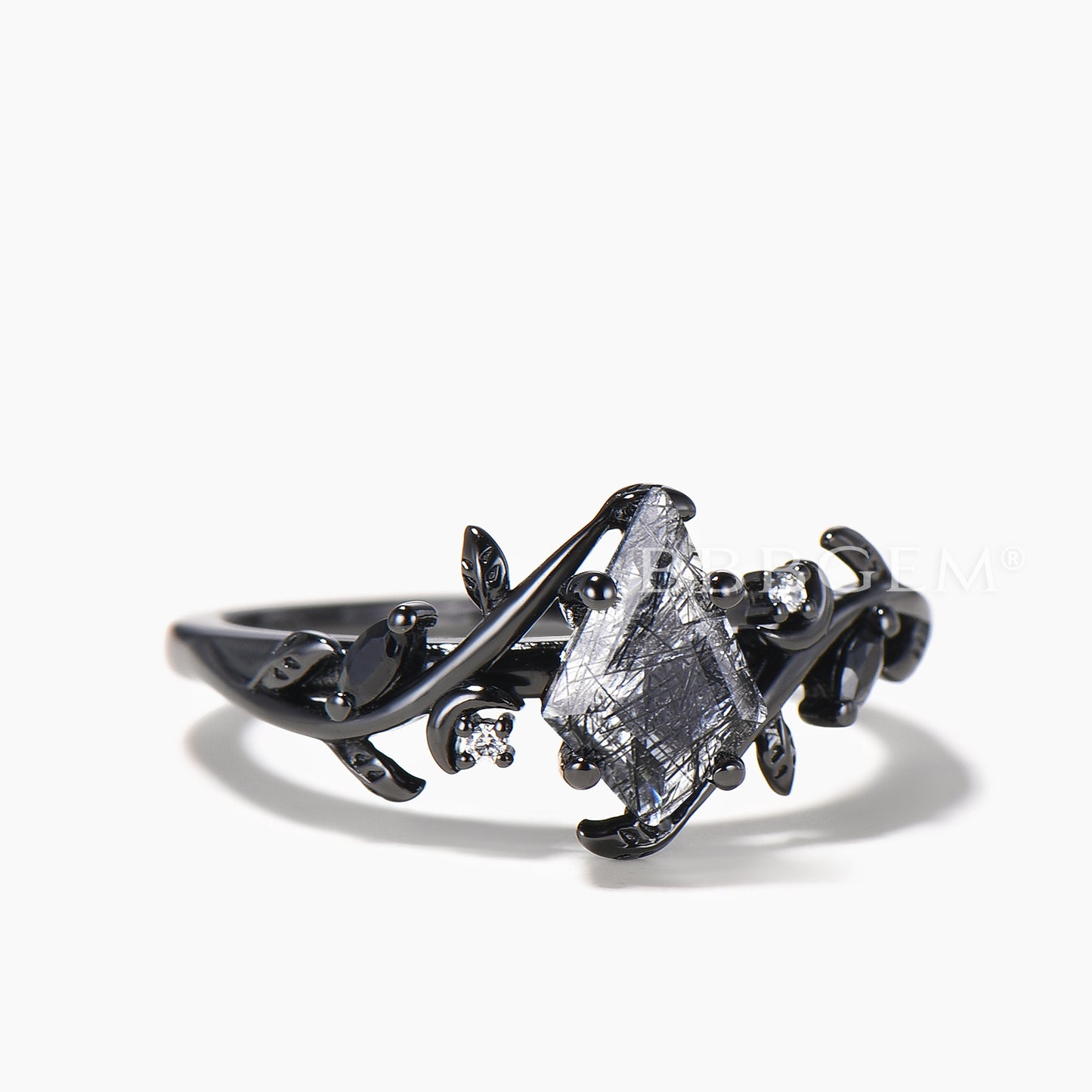 Kite Cut Natural Black Rutilated Quartz Engagement Ring Spinel Black Gold Ring