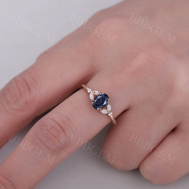 Blue Sandstone Ring -BBBGEM Oval Cut Blue Sandstone Wedding Ring