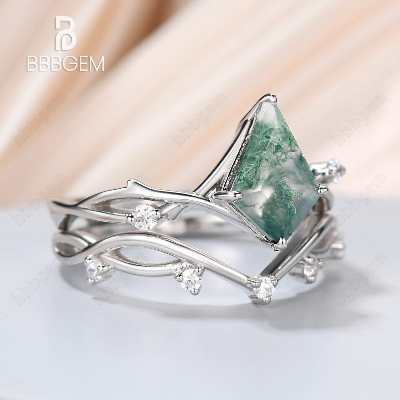 Twig Kite Cut Green Moss Agate Engagement Ring Set -14k white gold green moss agate diamond wedding ring set-moss agate leaf ring set