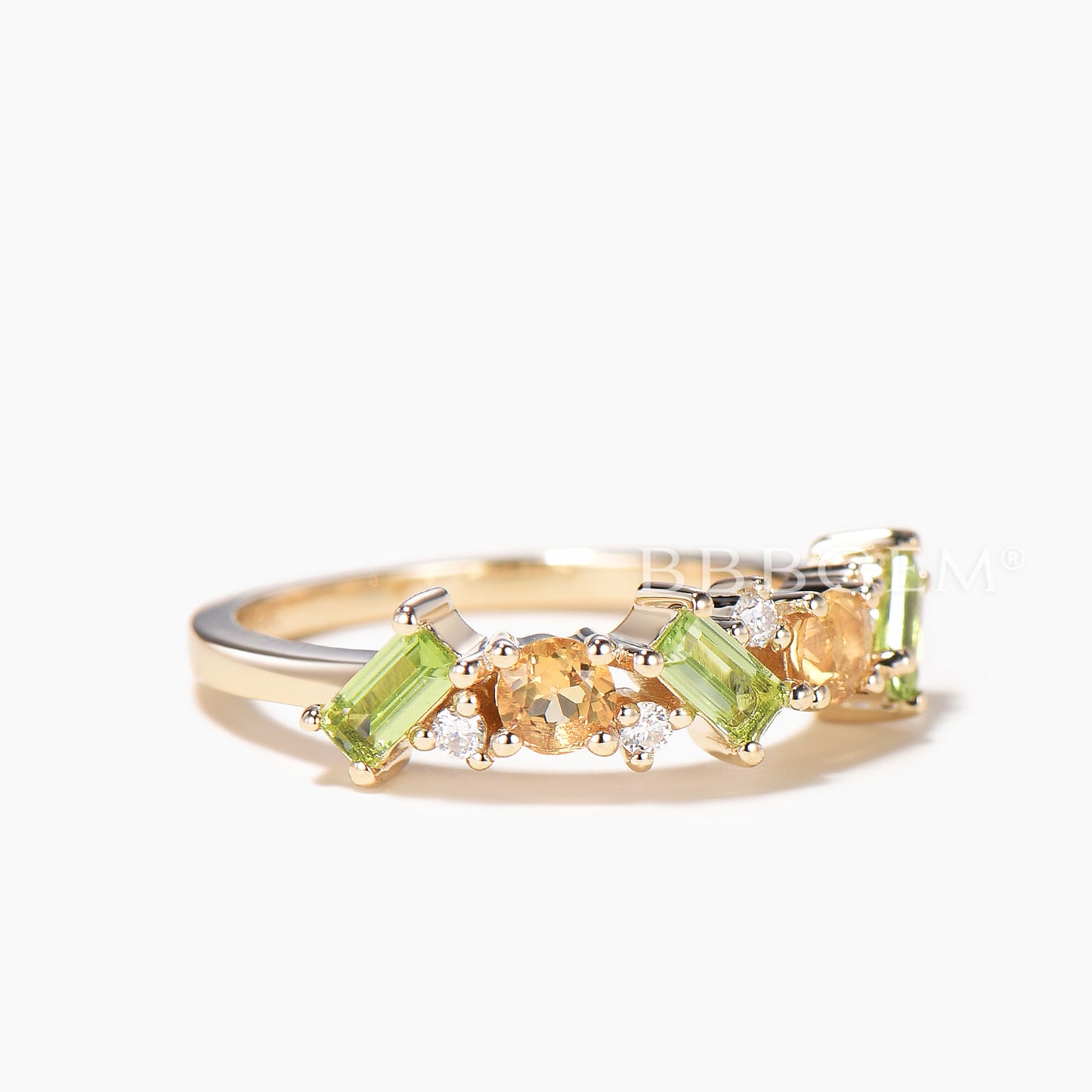 Round Natural Citrine Baguette Peridot Wedding Ring Moissanite Stacking Band