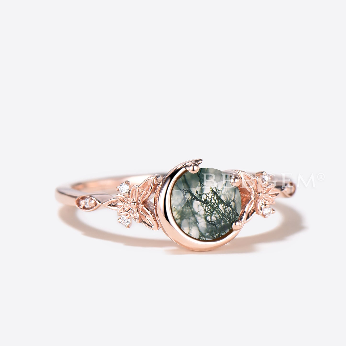 Celestial Moon Round Cut Genuine Moss Agate Diamond Ring