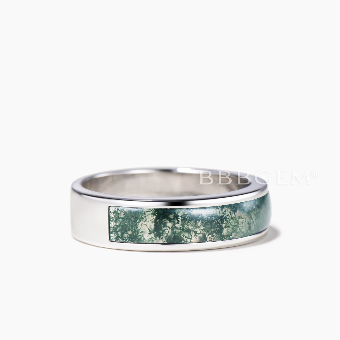 7mm Half Eternity Bezel Mens Wedding Band Natural Moss Agate White Gold Ring