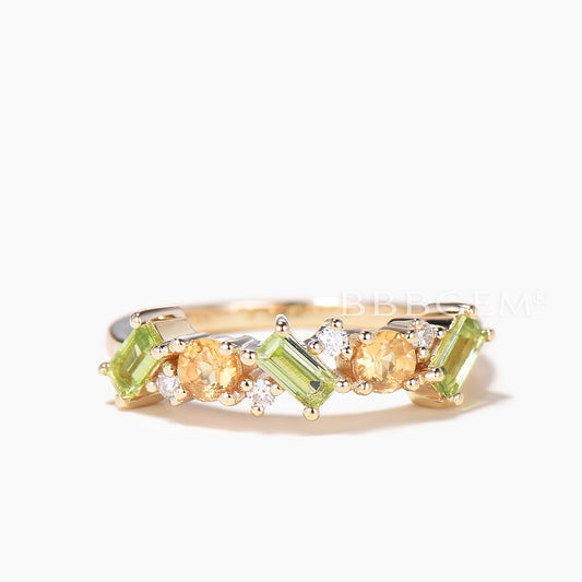 Round Natural Citrine Baguette Peridot Wedding Ring Moissanite Stacking Band