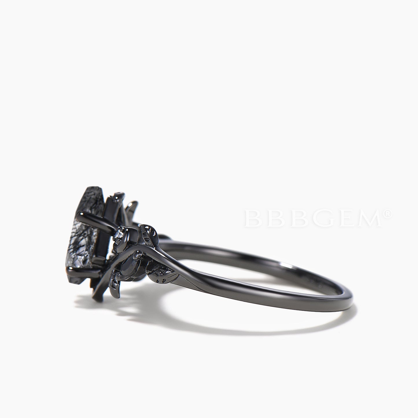 Kite Cut Natural Black Rutilated Quartz Engagement Ring Spinel Black Gold Ring